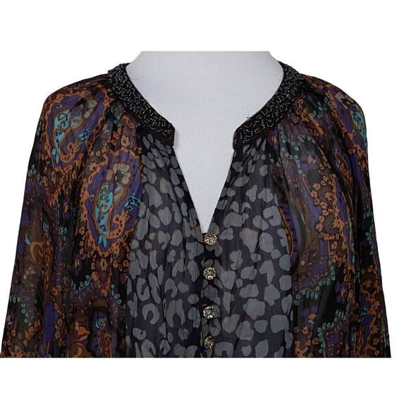 Figueroa & flower Sz L Beaded V-Neck Pop Art Print Semi Sheer Pullover Top - Picture 2 of 7